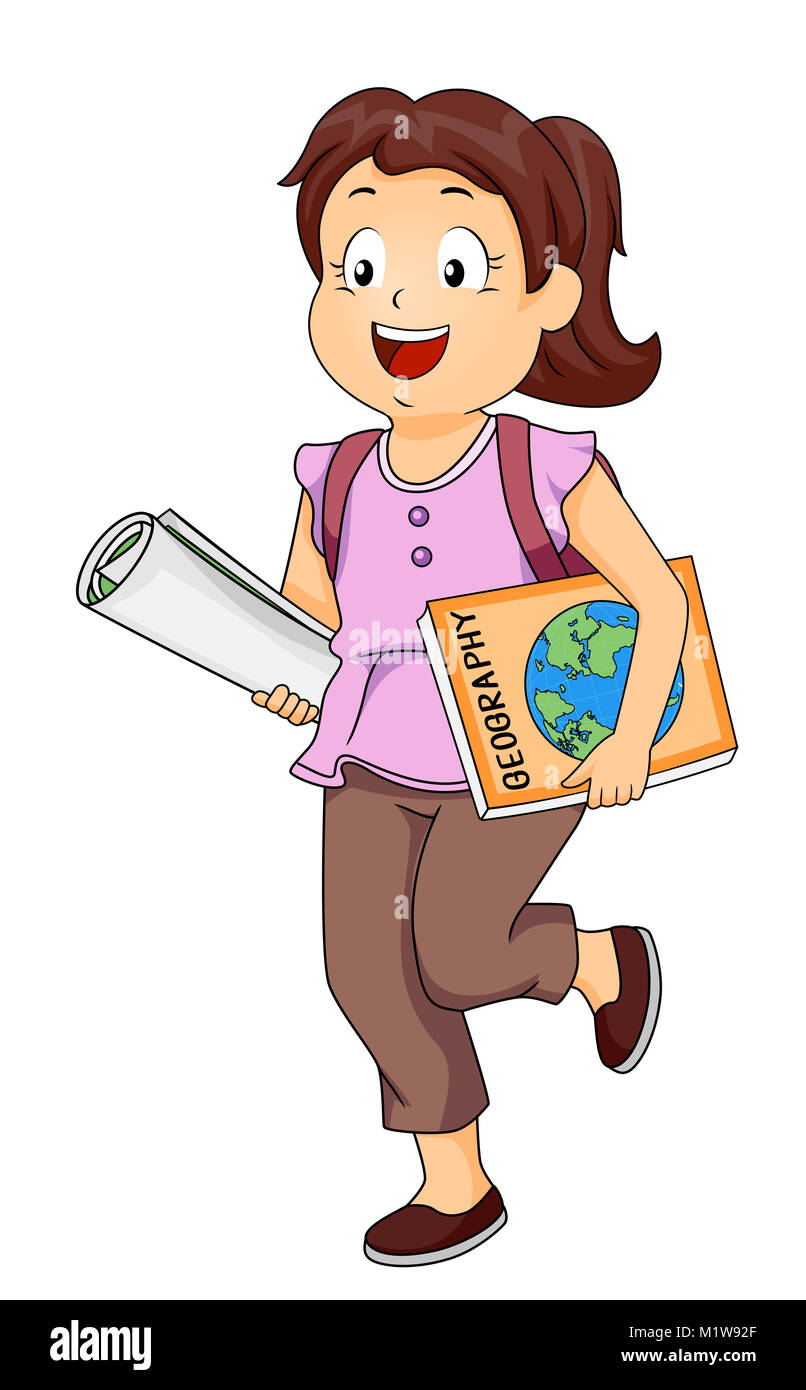 Illustration of a Kid Girl Student Holding a Geography Book and a Map ...