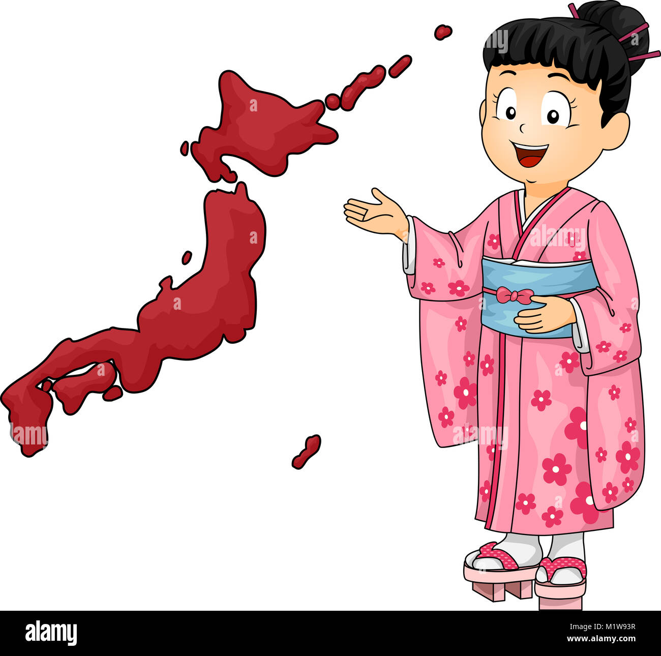 Illustration of a Kid Girl Wearing a Kimono, Japanese National Costume Presenting the Map of Japan Stock Photo