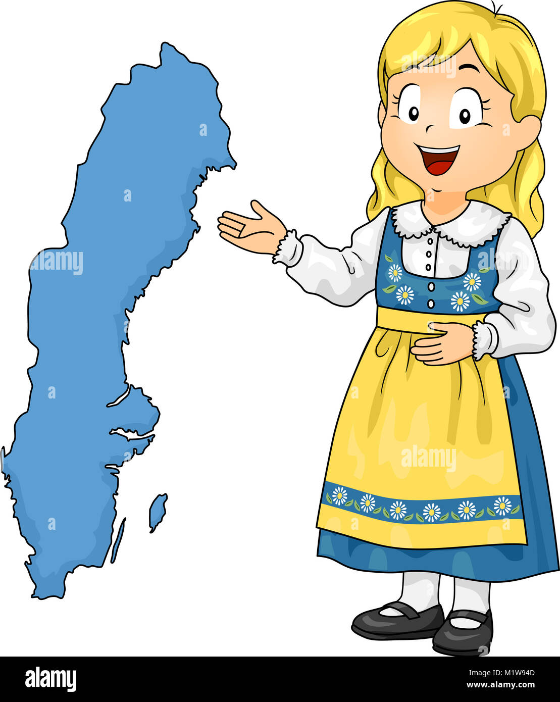 Illustration of a Kid Girl Wearing Swedish National Costume Presenting the Map of Sweden Stock Photo