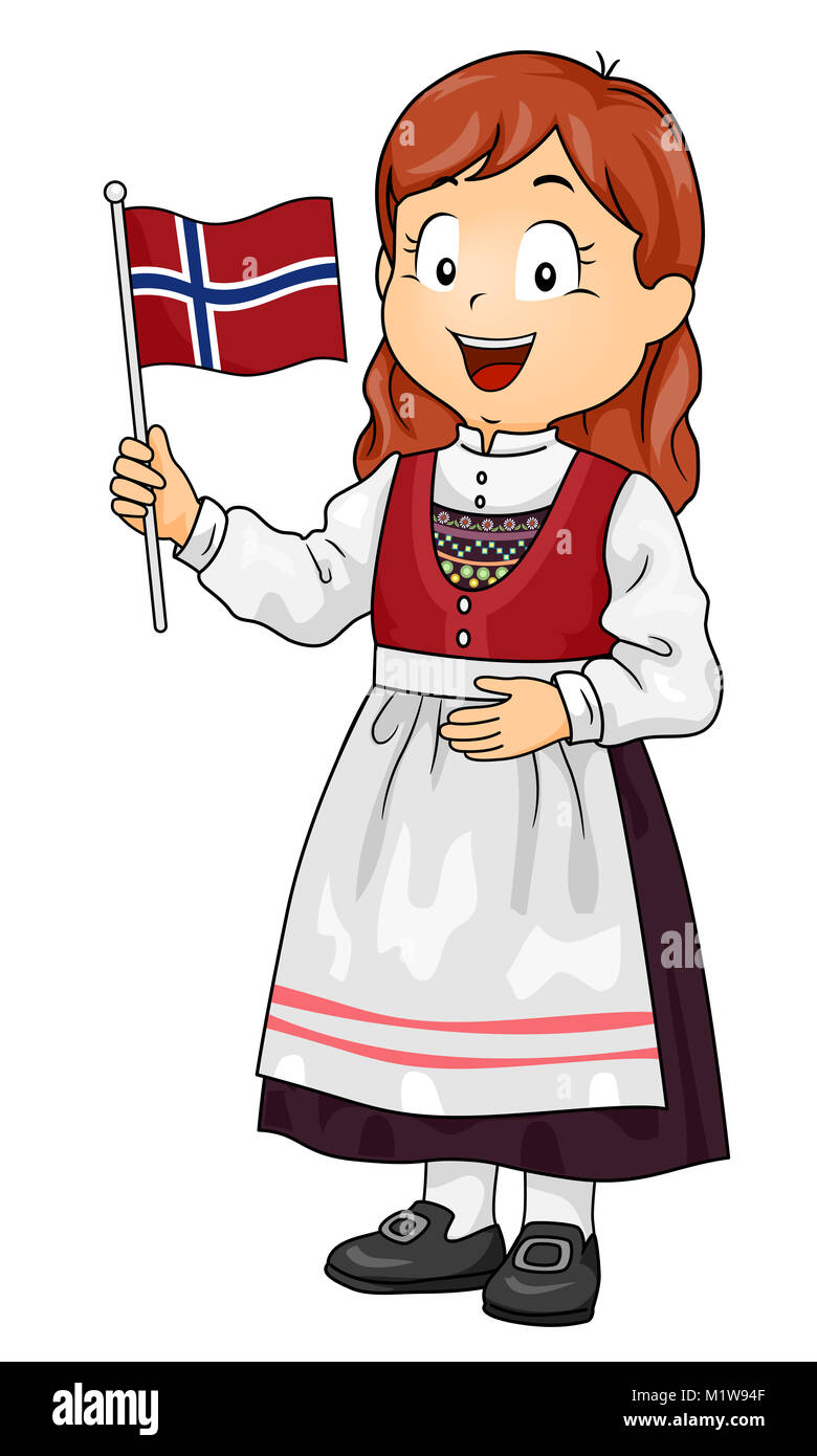 Illustration of a Kid Girl Wearing a Norwegian National Costume and Holding the Flag of Norway Stock Photo