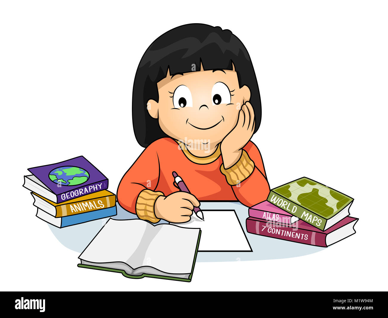 Illustration of a Kid Girl Doing her Homework and Learning about Geography Stock Photo