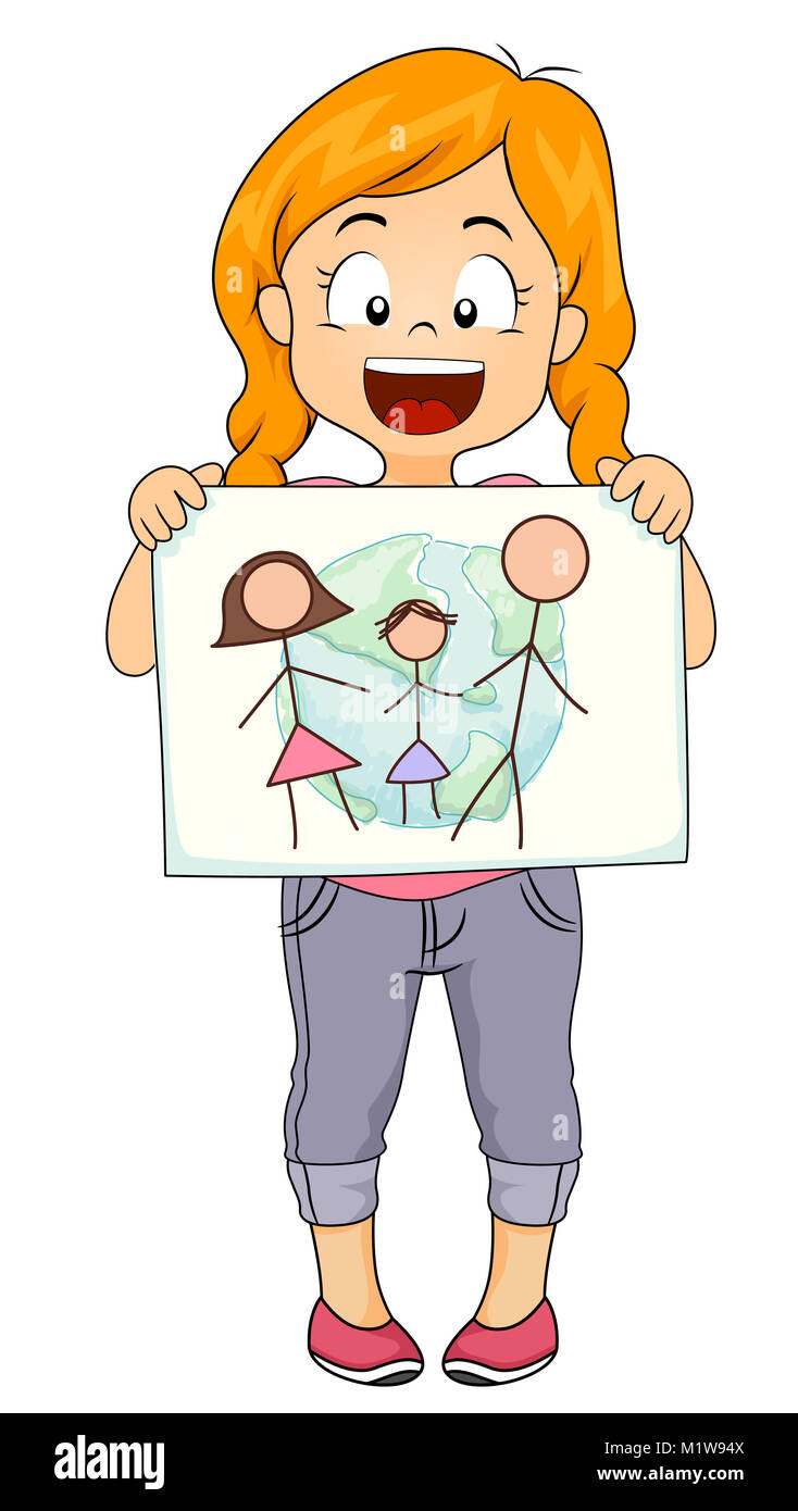 Illustration of a Kid Girl Presenting her Drawing About Her Family and the World Stock Photo