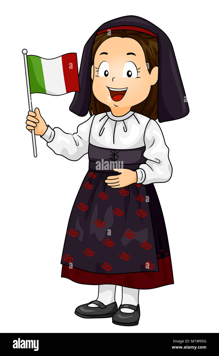 Illustration of a Kid Girl Wearing an Italian National Costume and Holding  the Flag of Italy Stock Photo - Alamy