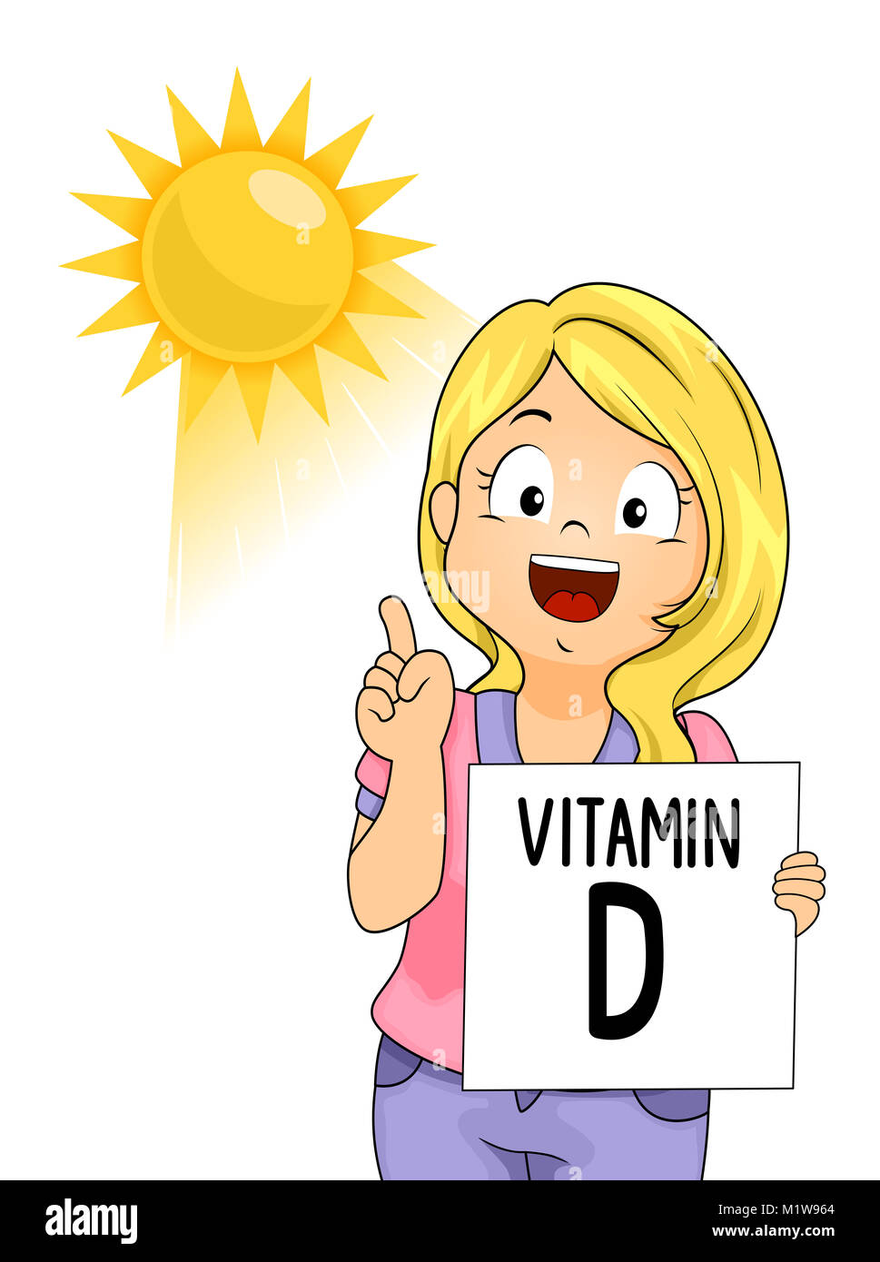 Illustration of a Kid Girl Pointing to the Sun and Holding a Vitamin D Flash Card Stock Photo