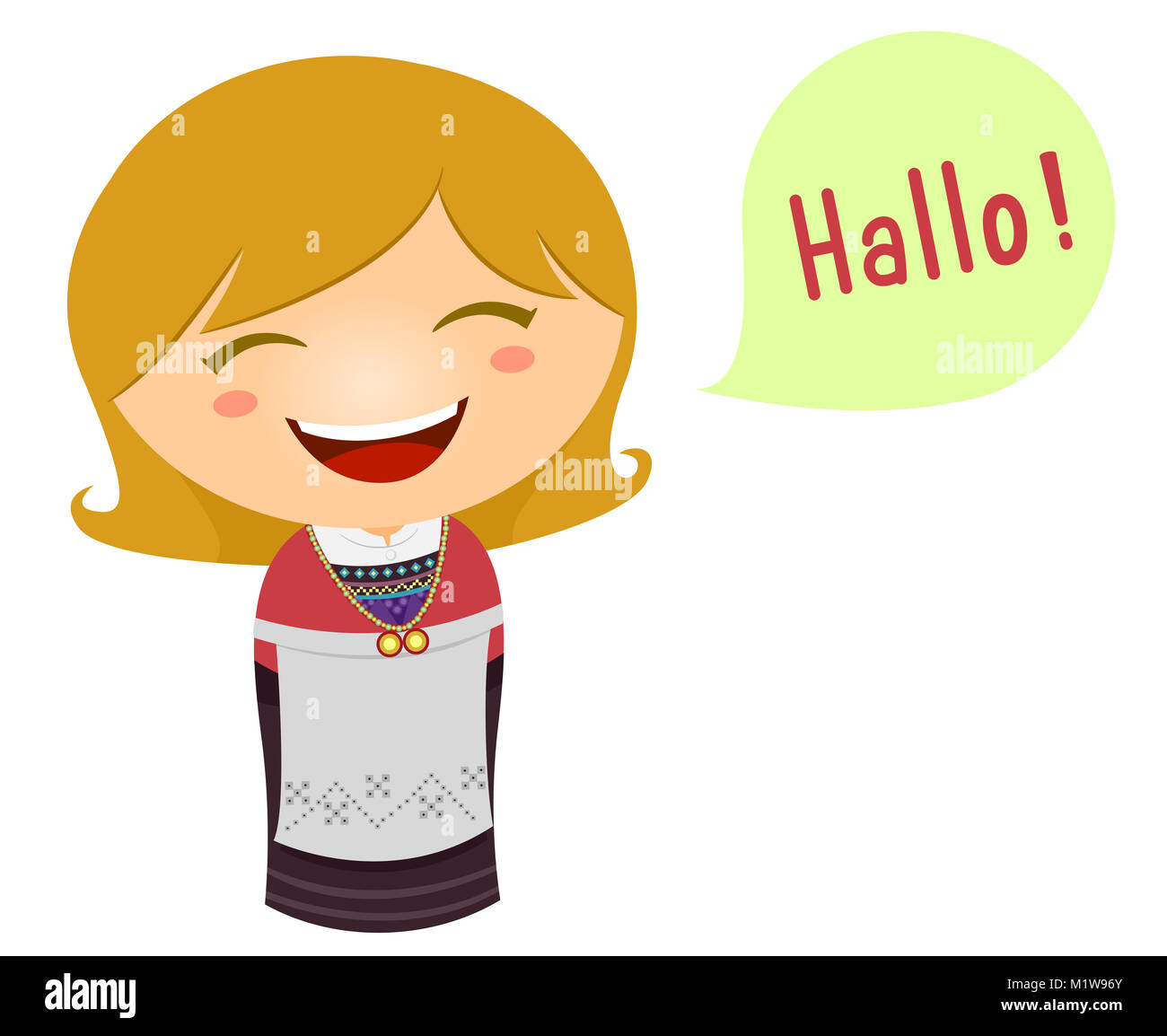 Cute Illustration of a Little Girl in a Norwegian Costume Saying Hello in Her Language Stock Photo