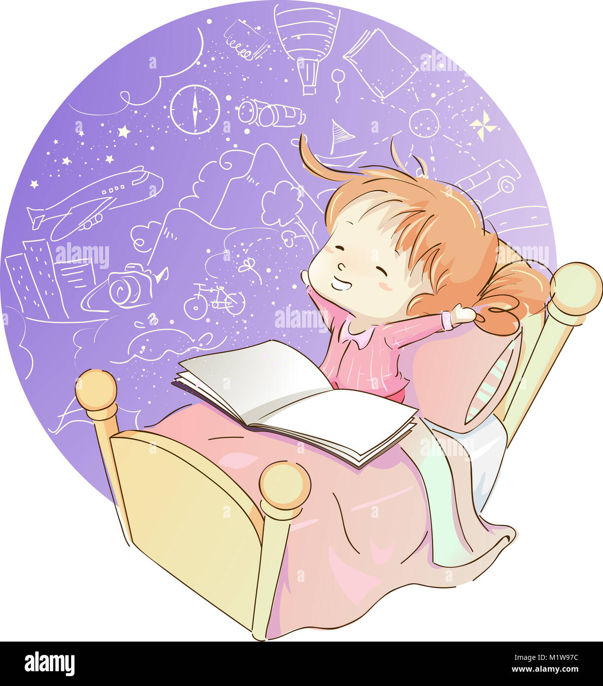 Whimsical Illustration of a Cute Little Girl in Pink Pajamas Marveling