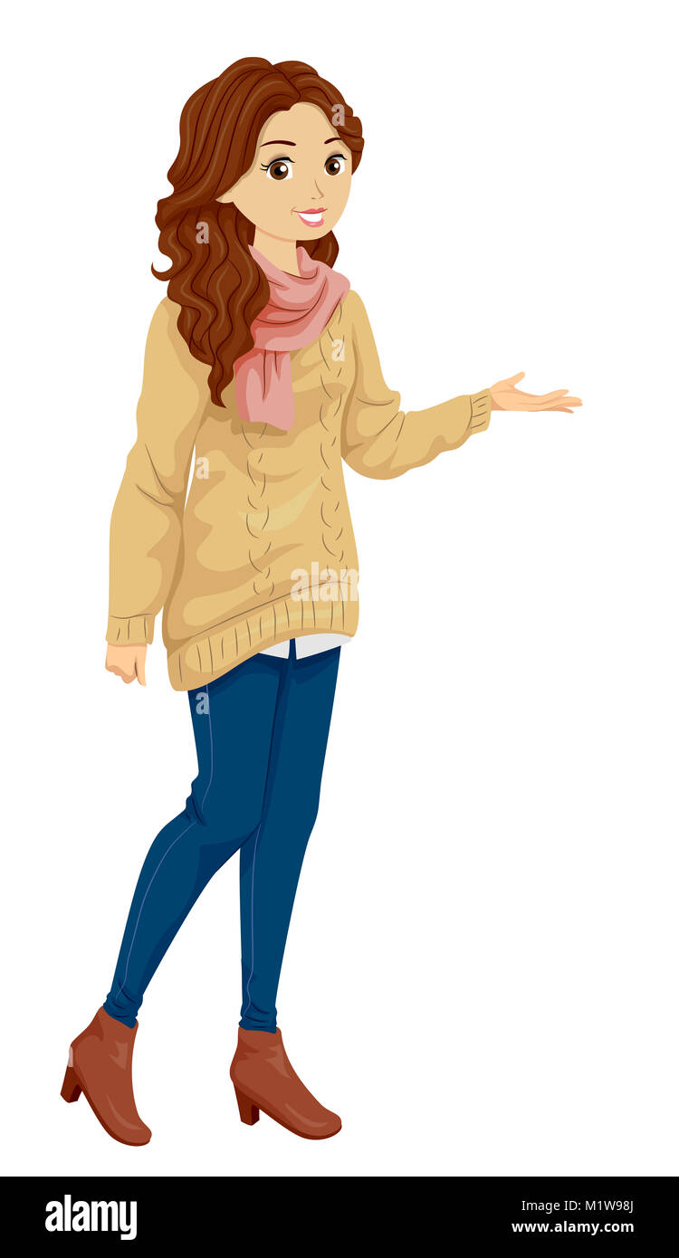 Illustration Featuring a Fashionable Teenage Girl Wearing a Knitted Sweatshirt, Denim Jeans, Wool Scarf, and Leather Boots Doing a Presentation Stock Photo
