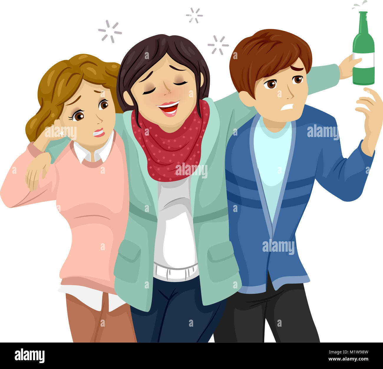 Illustration Featuring a Teenage Girl and Boy Helping Their Drunk Friend Walk Stock Photo