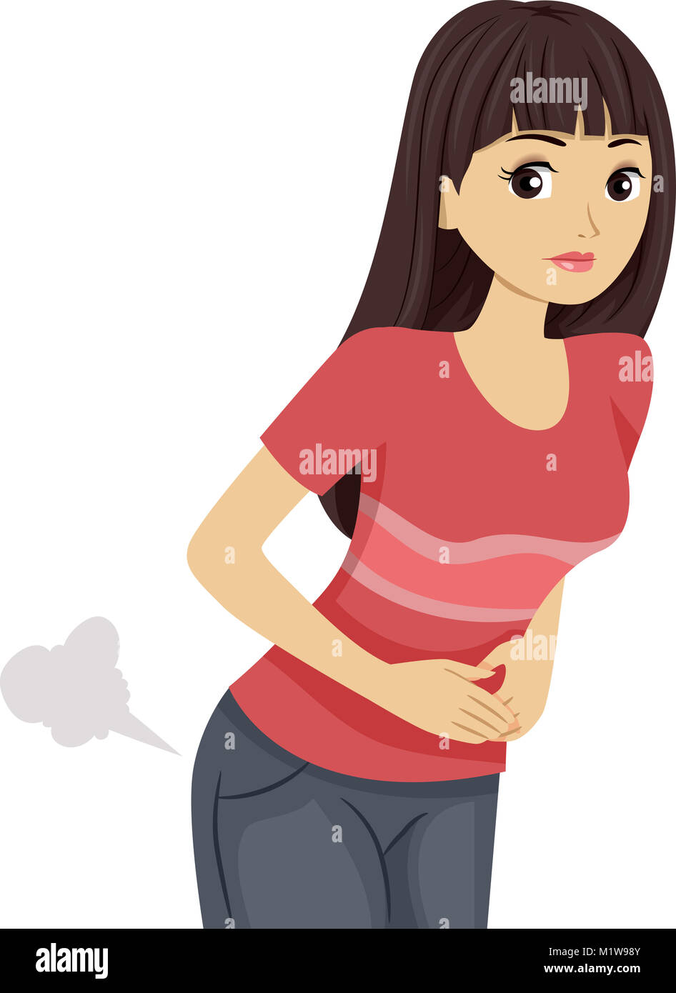 Illustration Featuring an Uncomfortable Teenage Girl Bending Over as She Passes Gas Stock Photo