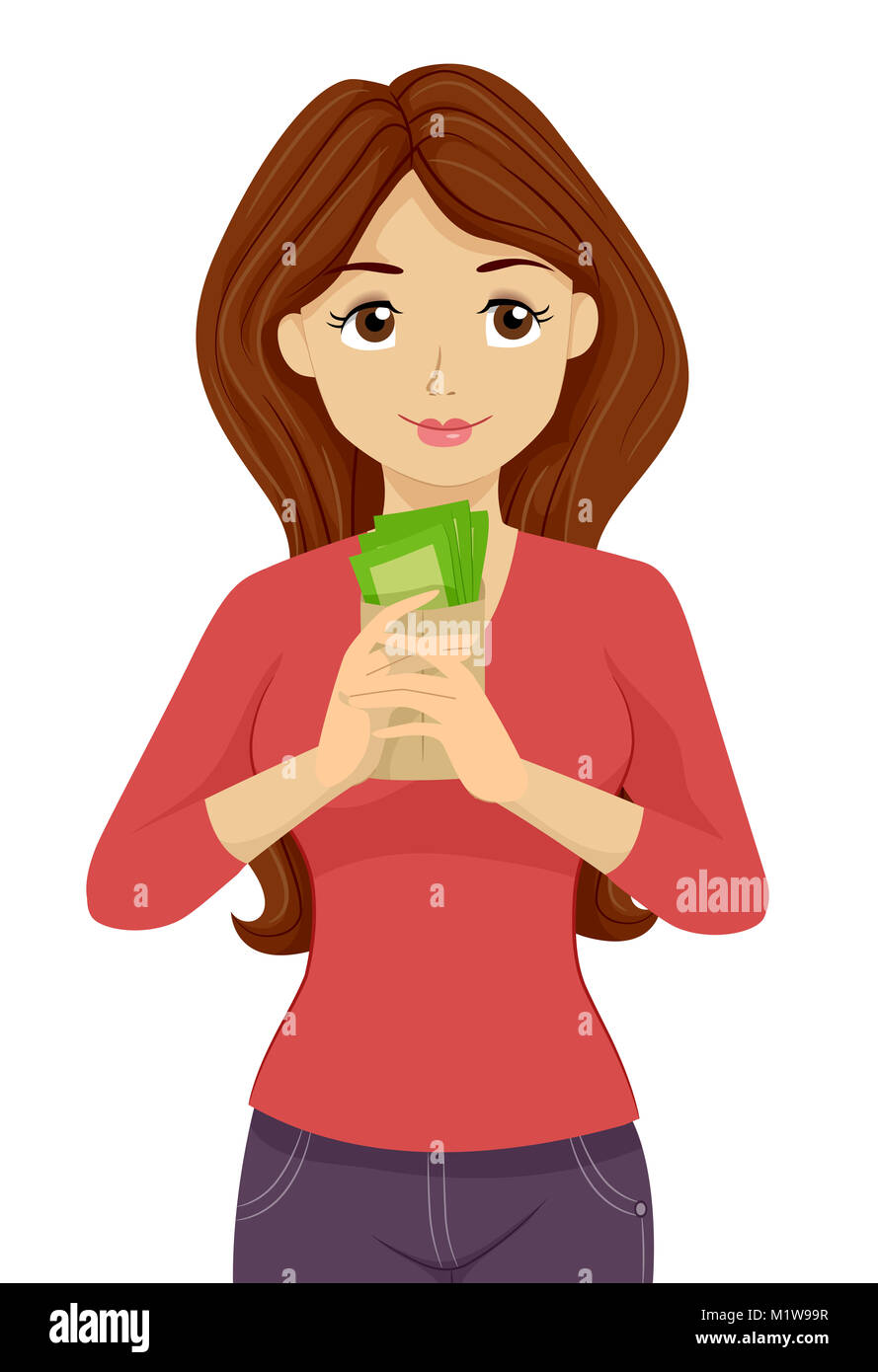 Illustration Featuring a Teenage Girl Lost in Thought While Holding a Wad of Cash Stock Photo