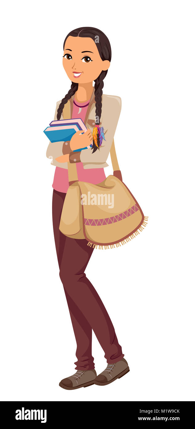 Illustration Featuring a Young Teenage American Indian Student on Her Way to School Stock Photo