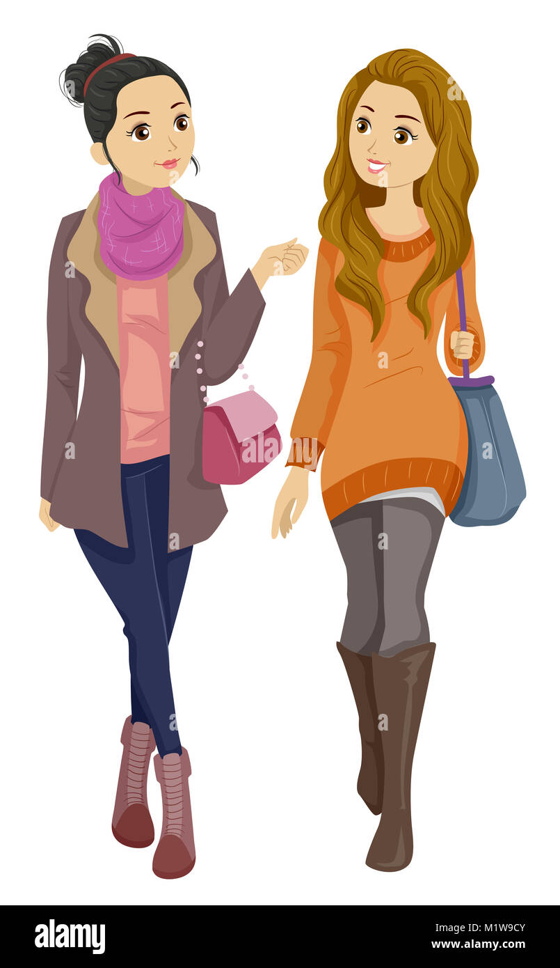Illustration Featuring a Pair of Young Teenage Girls Wearing Fashionable Clothing Walking Side by Side Stock Photo