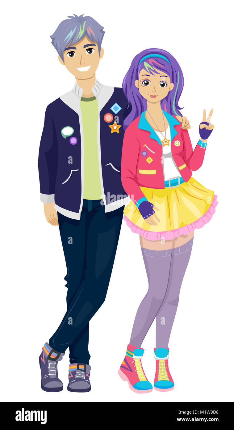 Illustration Featuring a Young Teenage Couple Wearing Colorful Clothing Inspired by Korean Pop Culture Stock Photo