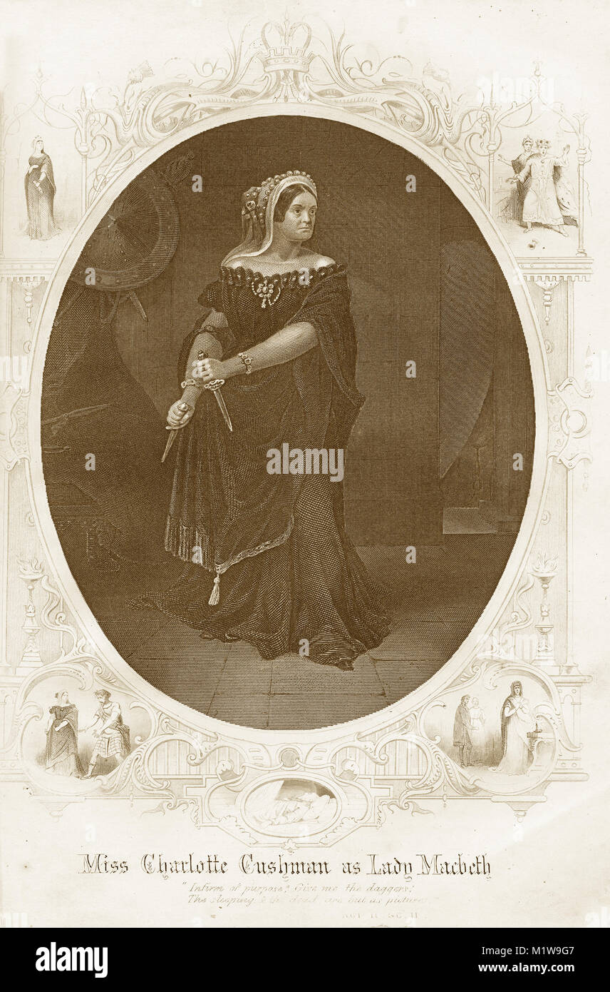 Engraving of the Shakespearean character Lady Macbeth, acted by an American, Charlotte Cushman in Macbeth. From the Illustrated Complete Works of Shakespeare, 1878 Stock Photo