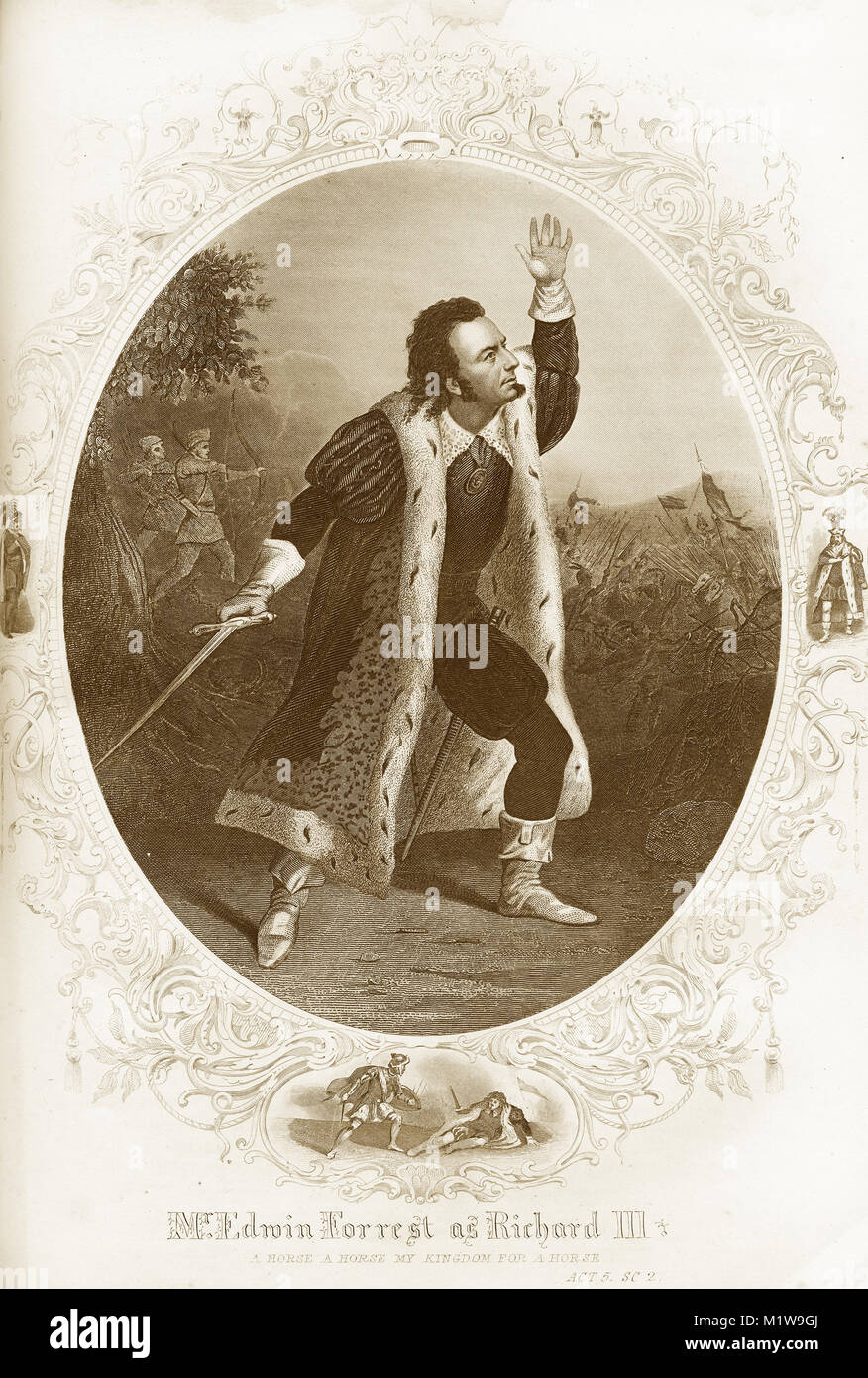 Engraving of the Shakespearean character Richard III, acted by  an American, Edwin Forrest, in Richard III. From the Illustrated Complete Works of Shakespeare, 1878 Stock Photo