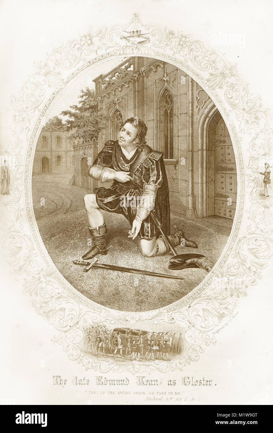 Engraving of the Shakespearean character Gloster, acted by an American, Edmund Kean in Richard III. From the Illustrated Complete Works of Shakespeare, 1878 Stock Photo