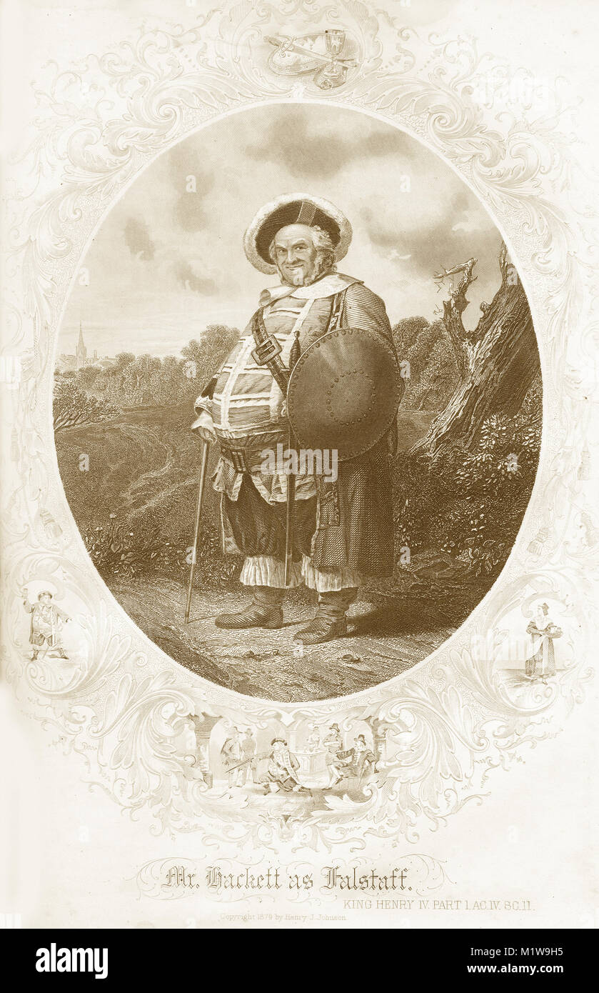 Engraving of the Shakespearean character Falstaff, acted by an American, Mr Hackett in King Henry IV. From the Illustrated Complete Works of Shakespeare, 1878 Stock Photo