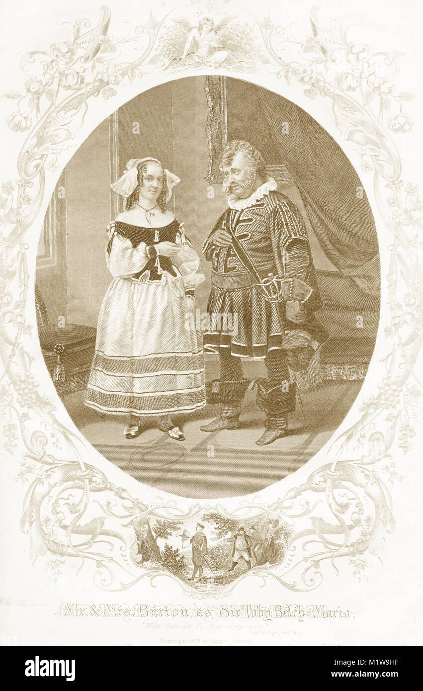 Engraving of the Shakespearean characters Sir Toby Belch in Twelfth Night, acted by the Americans, Mr and Mrs Burton. From the Illustrated Complete Works of Shakespeare, 1878 Stock Photo