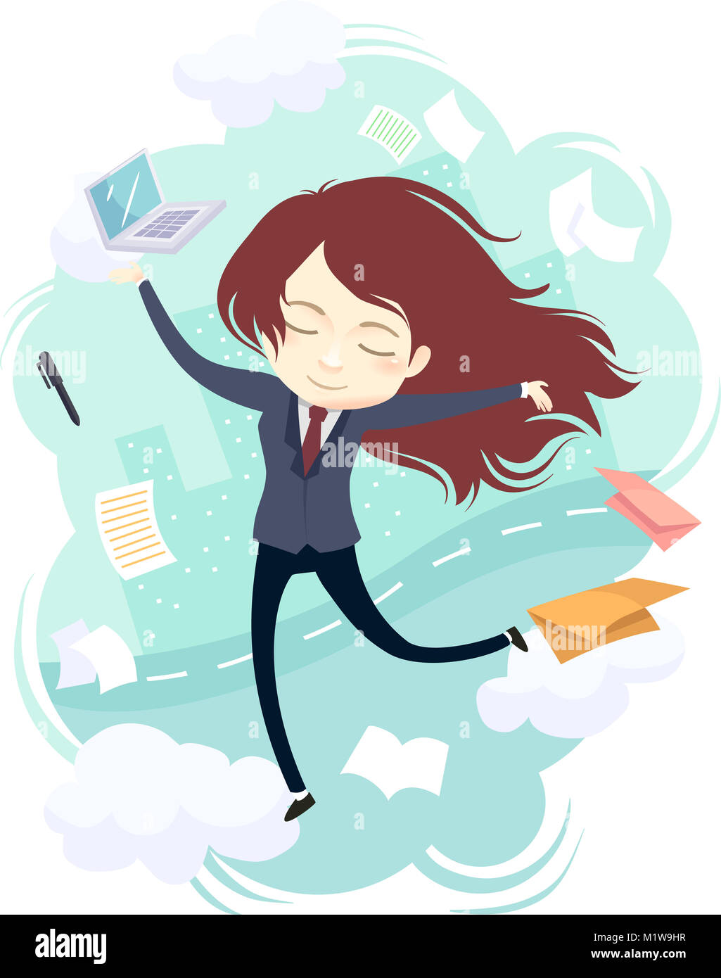 Illustration of an Office Girl Showing a Calm Expression Despite All the Work She Has to Do Stock Photo