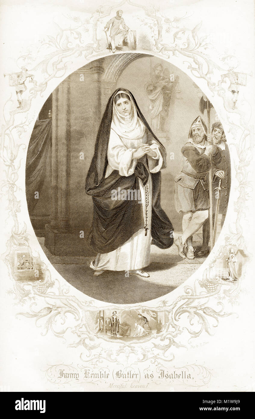 Engraving of the Shakespearean character Isabella, acted by an American, Fanny Kemble (Butler). From the Illustrated Complete Works of Shakespeare, 1878 Stock Photo
