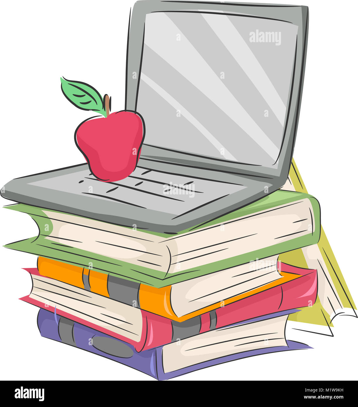 Illustration Featuring a Laptop With an Apple on its Keyboard Resting on Top of a Pile of Books Stock Photo