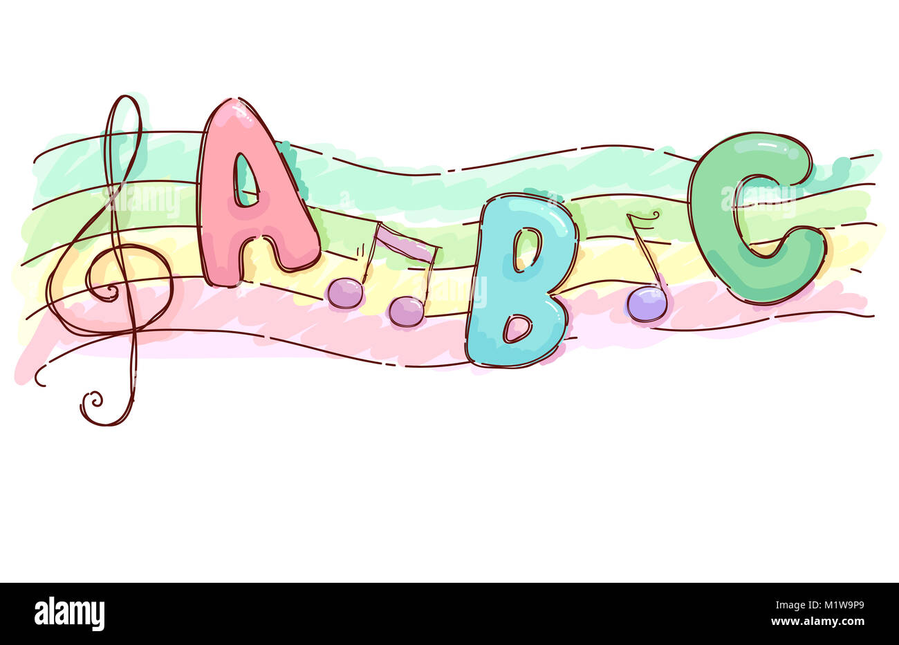 Colorful Illustration Featuring a Musical Scale Decorated With the Letters ABC and a G Clef Stock Photo