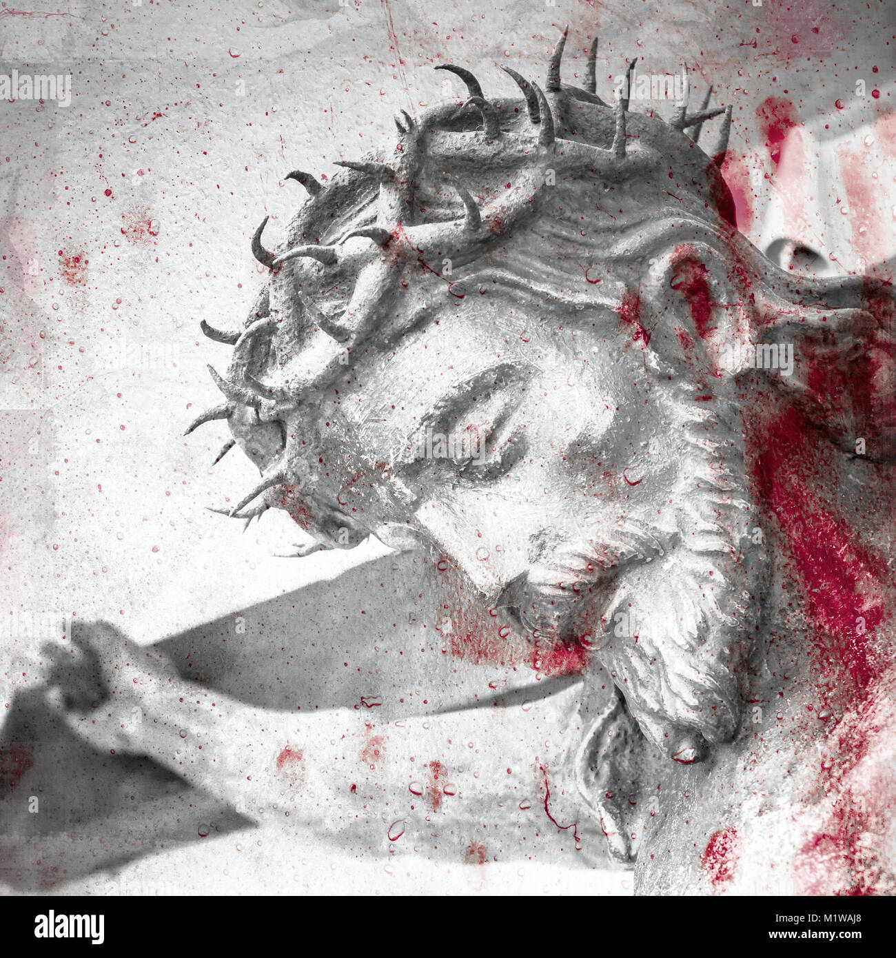 The suffering of Jesus Christ. Details of the bronze statue with blood