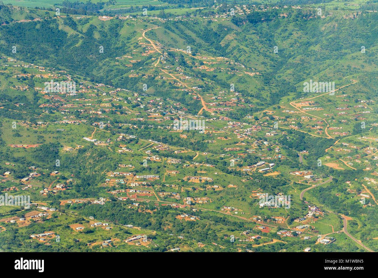 Flying birds eye view rural South Africa Inanda Inchanga valleys