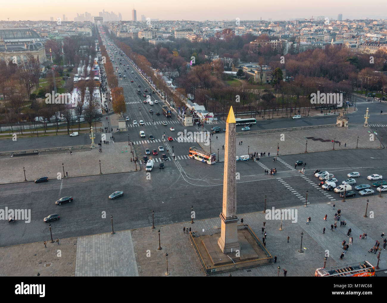 Place de la Concorde and the Champs-Elysees aerial view from the ferris wheel at sunset in Paris, France Stock Photo