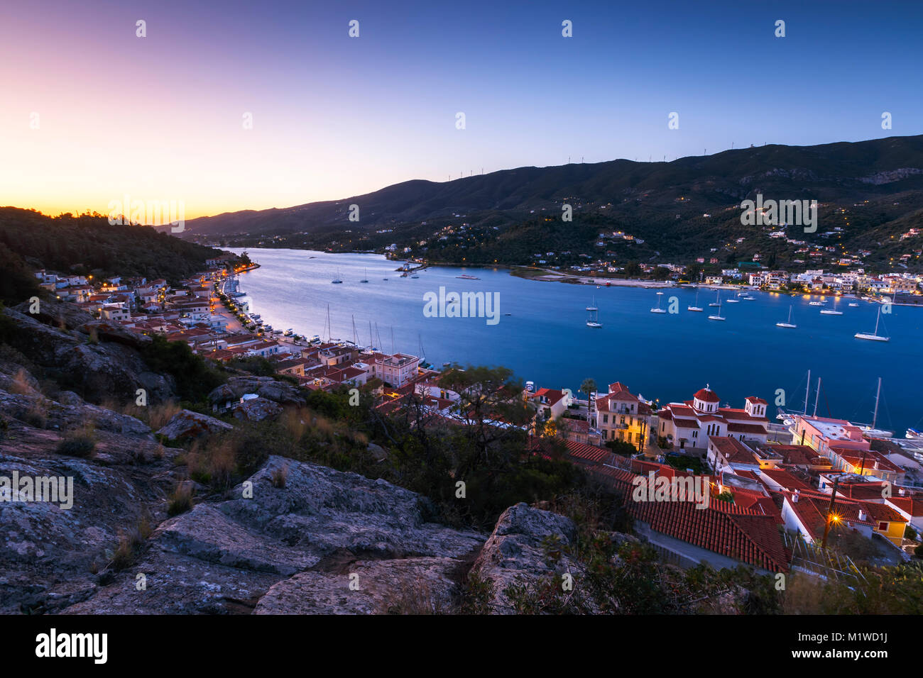 View of Poros island and Galatas village in Peloponnese, Greece. Stock Photo