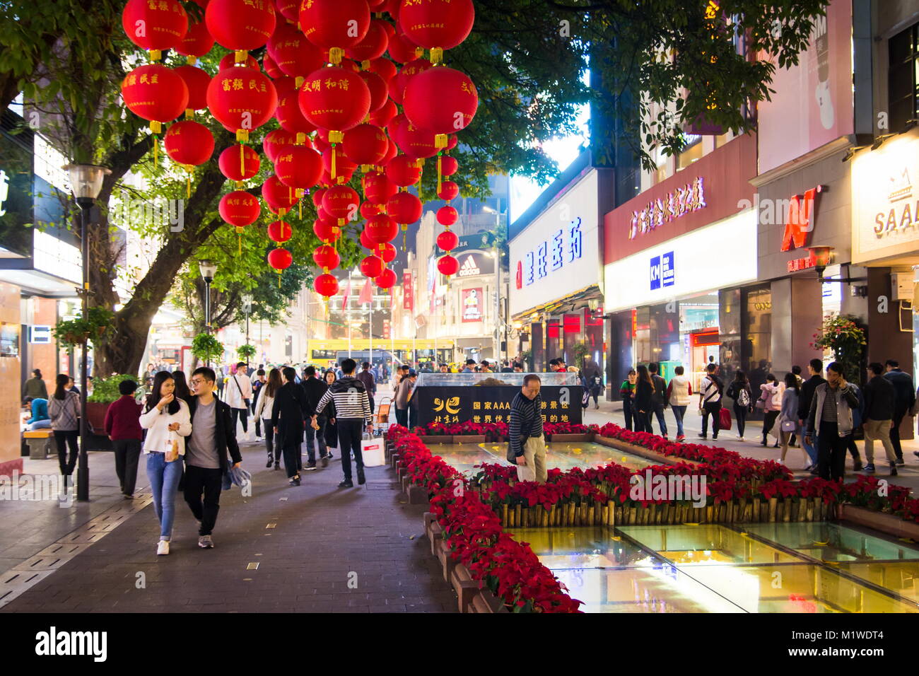 GUANGZHOU, CHINA - JANUARY 2, 2018: Beijing Road Pedestrian Street in old part of Guangzhou crowded with people and decorated for Spring festival at n Stock Photo