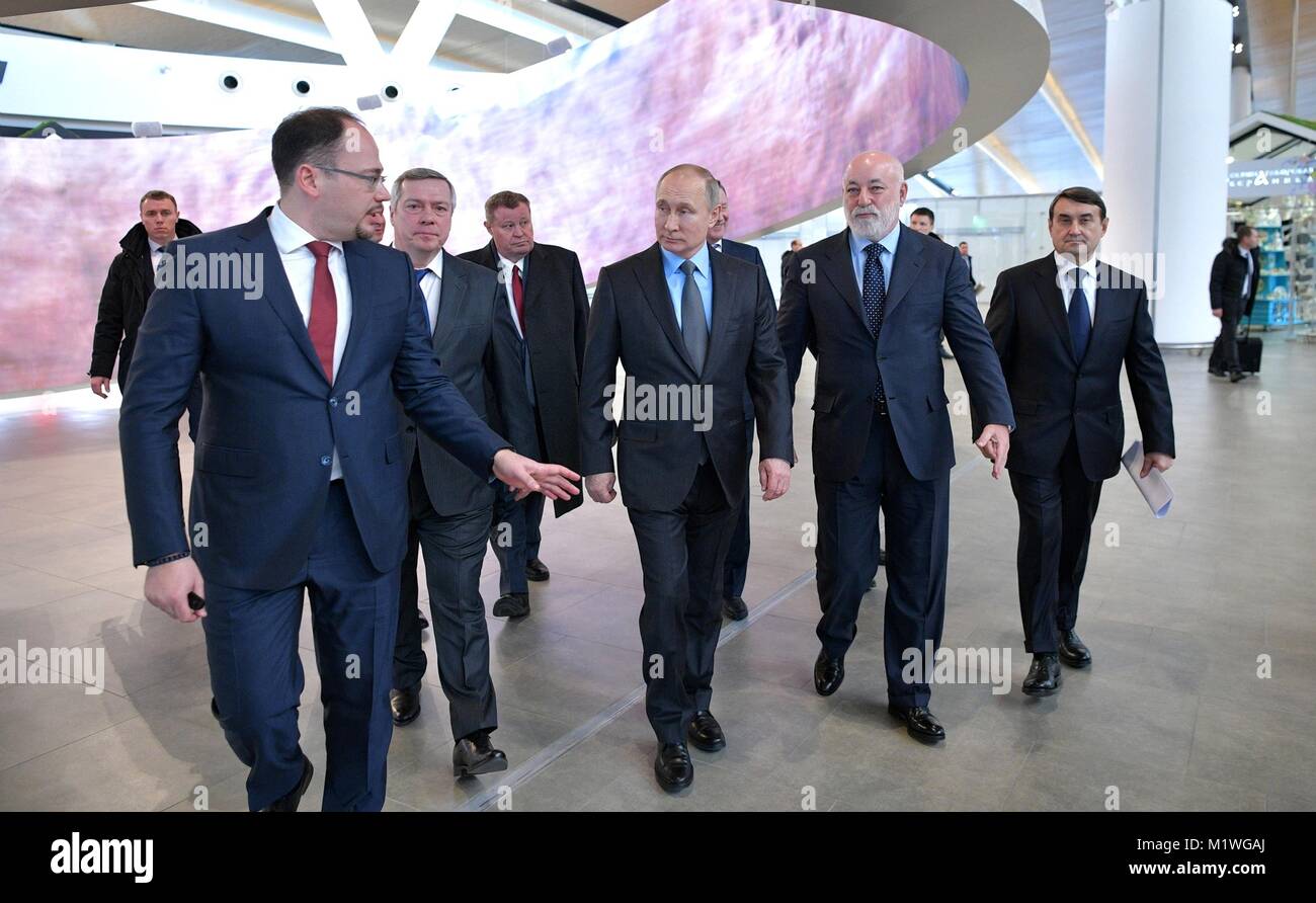 Rostov-on-Don, Russia. 1st Feb, 2018. Russian President Vladimir Putin, center, tours the Platov International Airport build for the 2018 FIFA World Cup February 1, 2018 in Rostov-on-Don, Russia. The region will host five matches during the tournament. Credit: Planetpix/Alamy Live News Stock Photo