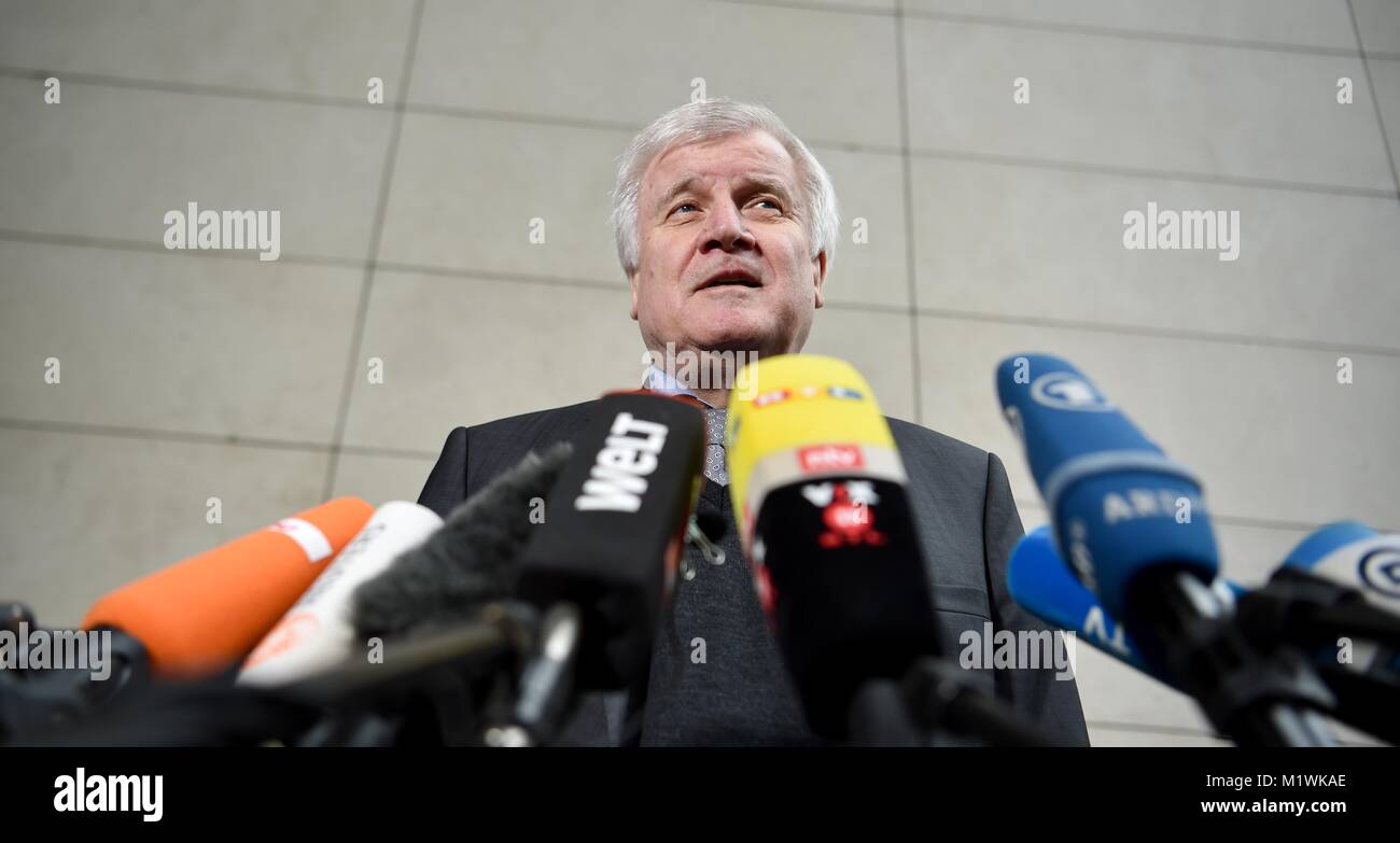 Berlin, Germany. 2nd Feb, 2018. Horst Seehofer of the Christian Social Union (CSU) arrives at the Willy-Brandt-House for coalition negotiations in Berlin, Germany, 2 February 2018. Credit: Sina Schuldt/dpa/Alamy Live News Stock Photo