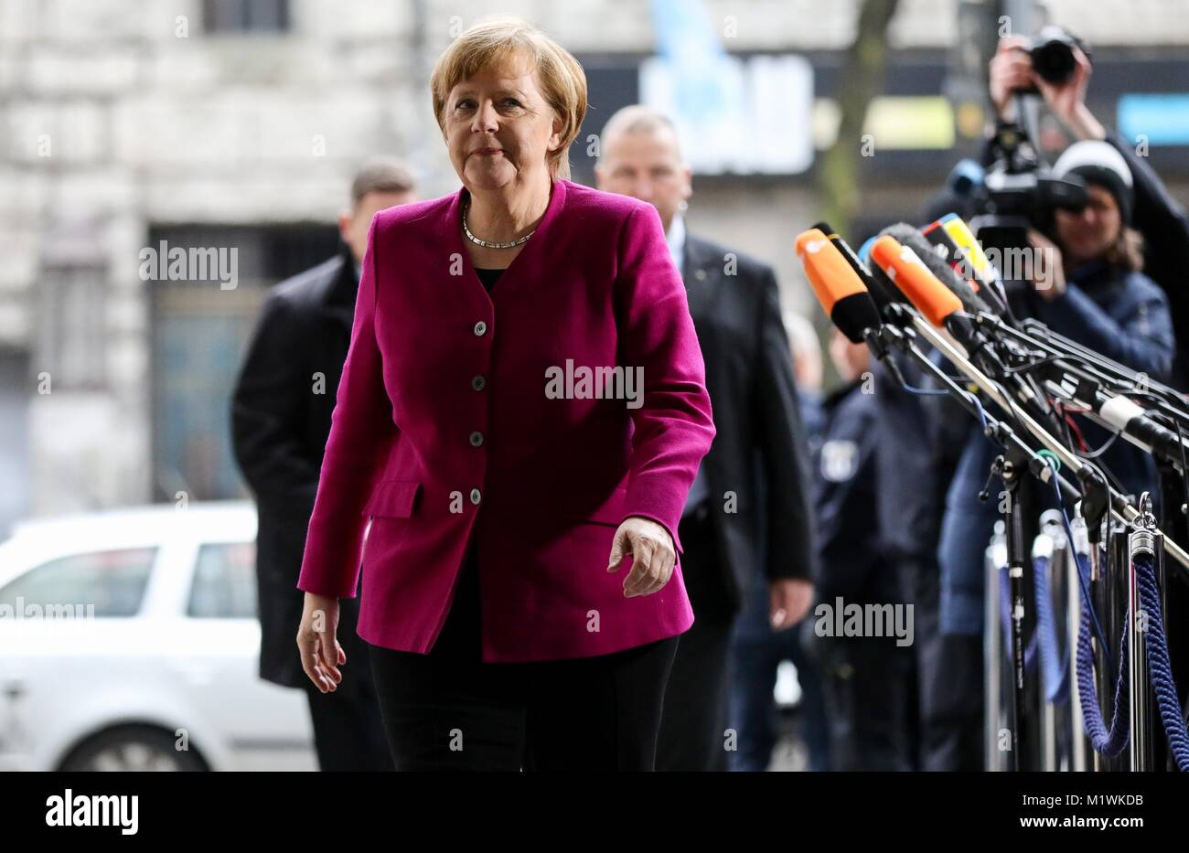 Berlin, Germany. 2nd Feb, 2018. Chancellor Angela Merkel of the Christian Democratic Union (CDU) arrives at the Willy-Brandt-House before participating in coalition negotiations in Berlin, Germany, 2 February 2018. Credit: Kay Nietfeld/dpa/Alamy Live News Stock Photo