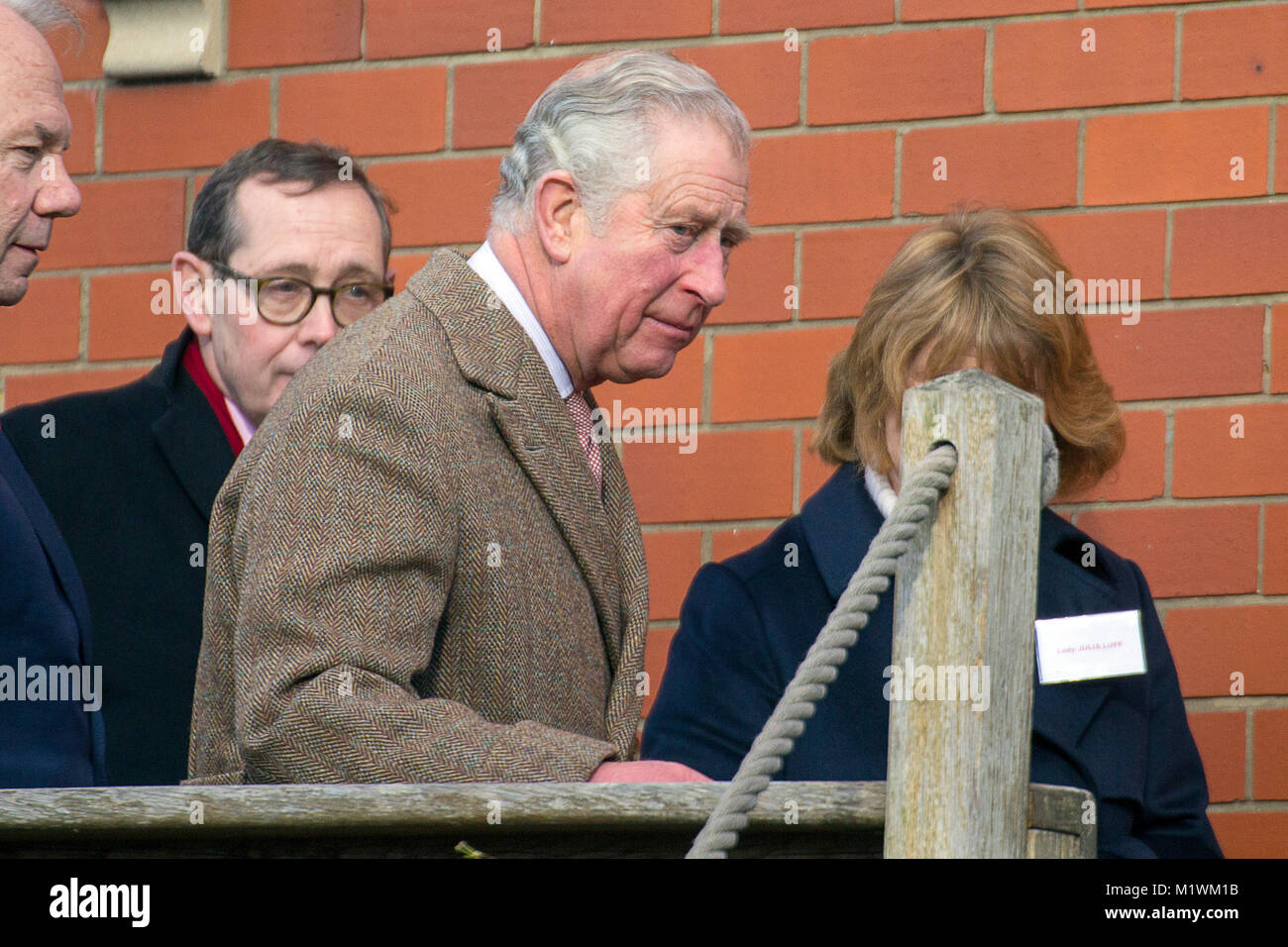 Stroud, Gloucestershire, UK. 2nd February, 2018. HRH The Prince of Wales arrives at Wallbridge Lock, Stroud, UK. Prince Charles visited to officially open the newly restored Wallbridge Lower Lock, part of the Cotswold Canals Project. Picture: Carl Hewlett/Alamy Live News Stock Photo