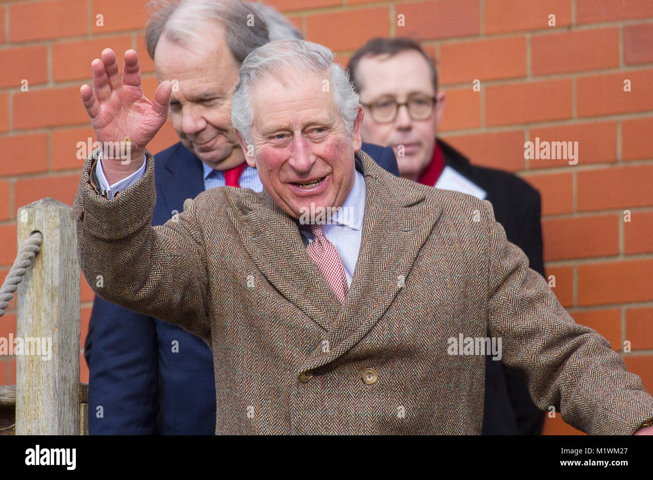 Stroud, Gloucestershire, UK. 2nd February, 2018. HRH The Prince of Wales waves to spectators at Wallbridge Lock, Stroud, UK. Prince Charles visited to officially open the newly restored Wallbridge Lower Lock, part of the Cotswold Canals Project. Picture: Carl Hewlett/Alamy Live News Stock Photo