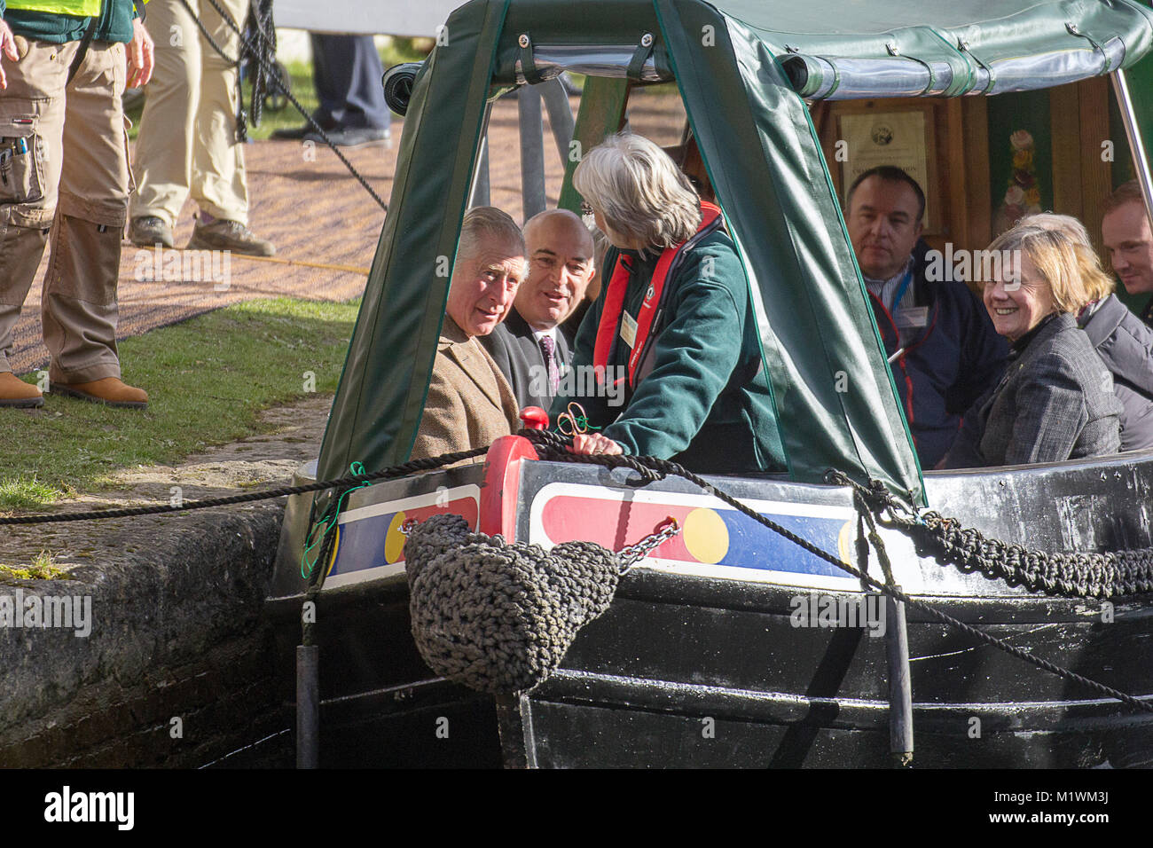Stroud, Gloucestershire, UK. 2nd February, 2018. HRH The Prince of Wales on board the narrow boat Perseverance at Wallbridge Lock, Stroud, UK. Prince Charles visited to officially open the newly restored Wallbridge Lower Lock, part of the Cotswold Canals Project. Picture: Carl Hewlett/Alamy Live News Stock Photo