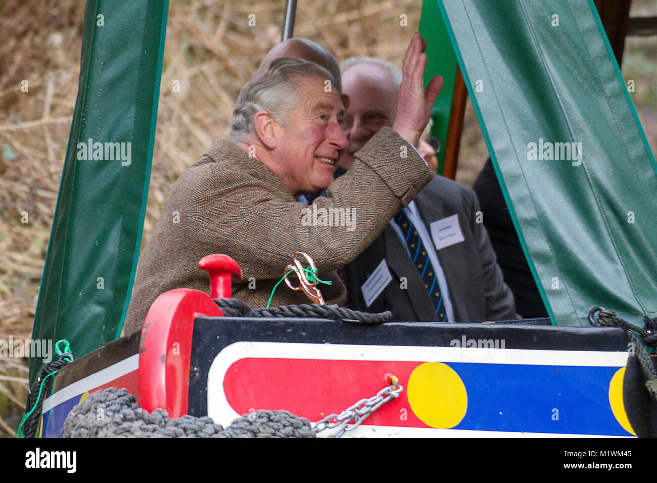 Stroud, Gloucestershire, UK. 2nd February, 2018. HRH The Prince of Wales waves to spectators at Wallbridge Lock, Stroud, UK. Prince Charles visited to officially open the newly restored Wallbridge Lower Lock, part of the Cotswold Canals Project. Picture: Carl Hewlett/Alamy Live News Stock Photo