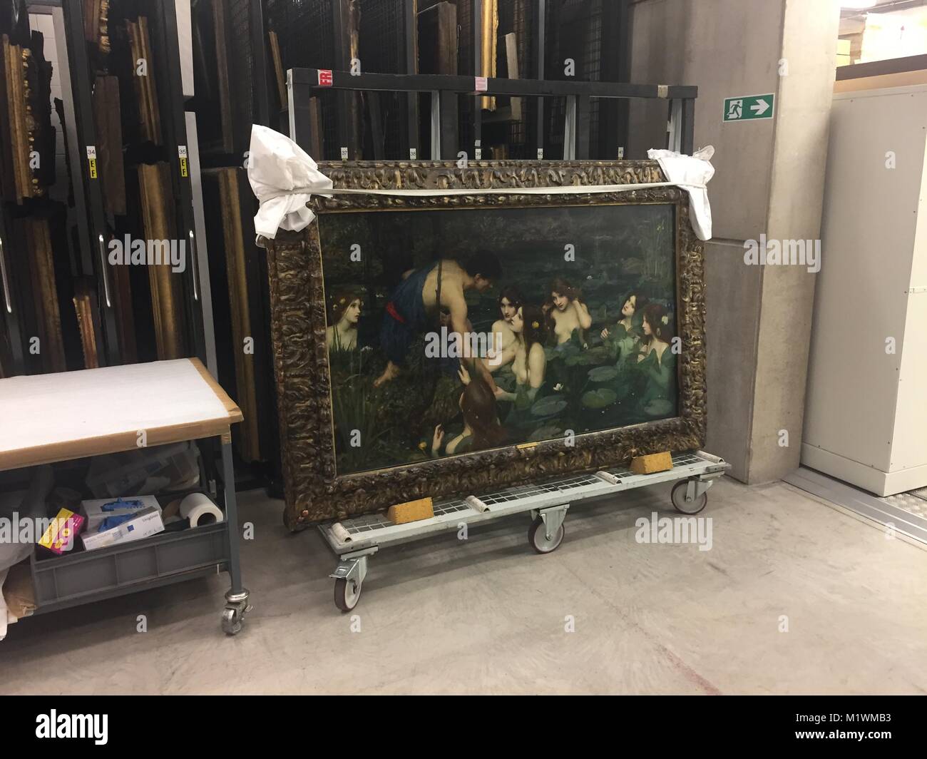 Manchester, England, 02 Febuary 2018. The painting 'Hylas and the Nymphs' (1896) by John William Waterhouse in the storeroom of the Manchester Art Gallery in Manchester, England, 02 Febuary 2018. The art gallery removed this painting from its exhibition due to its depiction of women - triggering a storm of indignation. Photo: Britta Schultejans/dpa Credit: dpa picture alliance/Alamy Live News Stock Photo