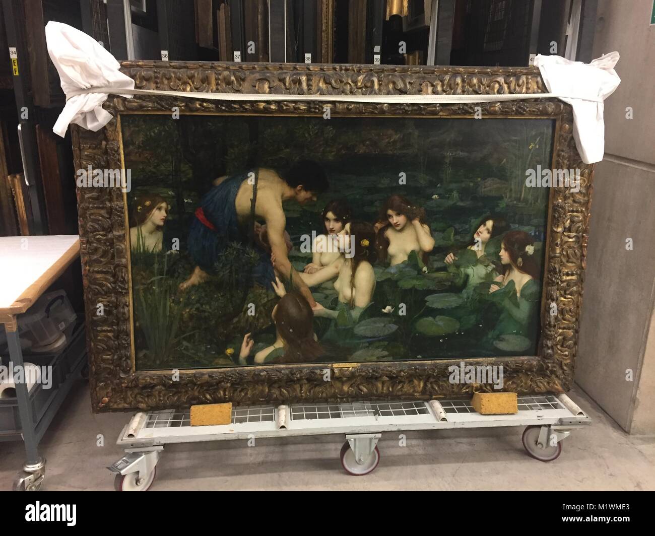 Manchester, England, 02 Febuary 2018. The painting 'Hylas and the Nymphs' (1896) by John William Waterhouse standing in the storeroom of the Manchester Art Gallery in Manchester, England, 02 Febuary 2018. The art gallery removed this painting from its exhibition due to its depiction of women - triggering a storm of indignation. Photo: Britta Schultejans/dpa Credit: dpa picture alliance/Alamy Live News Stock Photo