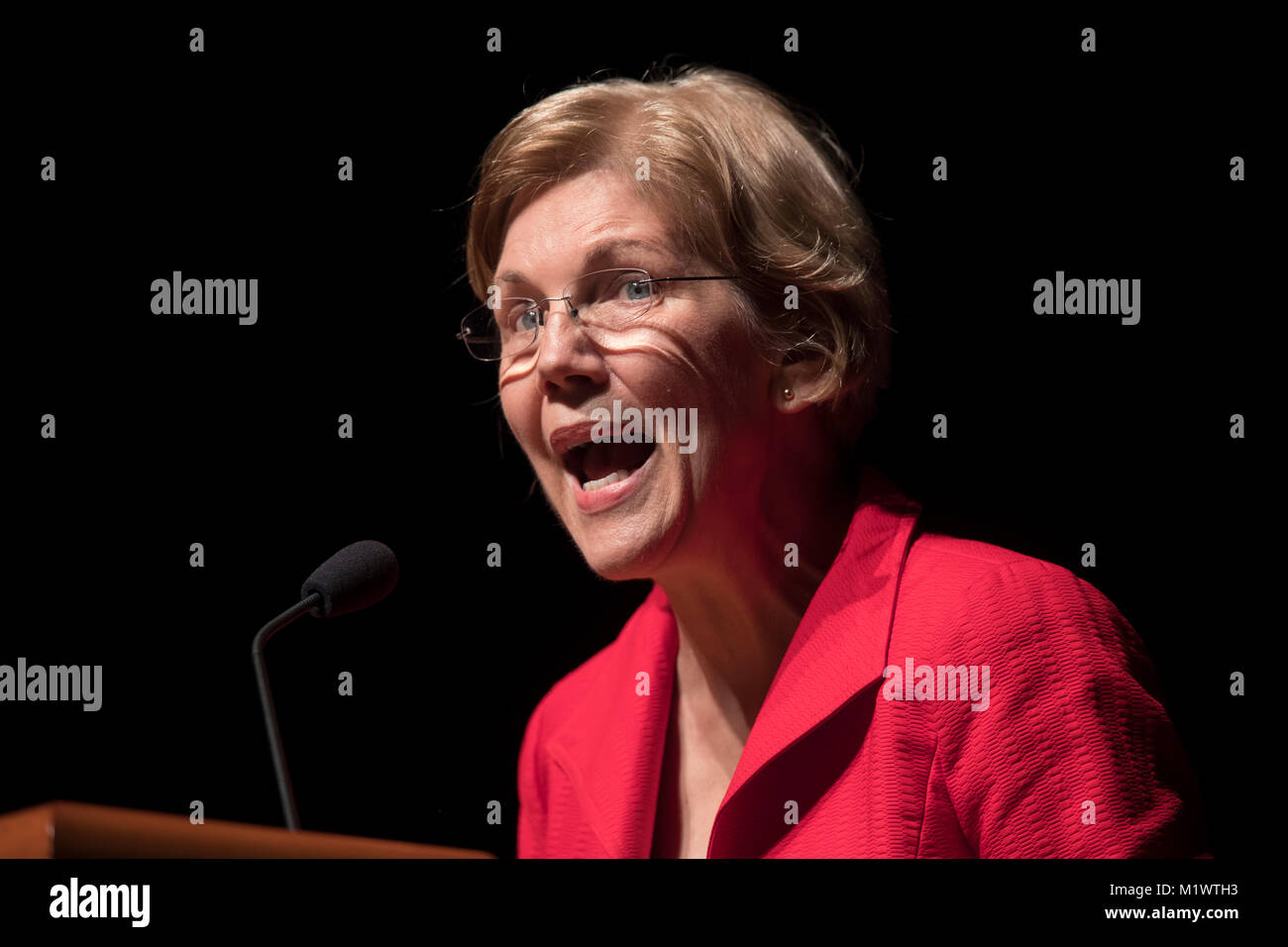 United States senator Elizabeth Warren, a Democrat from Massachusetts, speaks at a 15th anniversary fundraising event in Austin, Texas, for Annie's List, a group that raises money for liberal female political candidates. Warren talked about her early troubles finding child care and how it almost derailed her career. Stock Photo