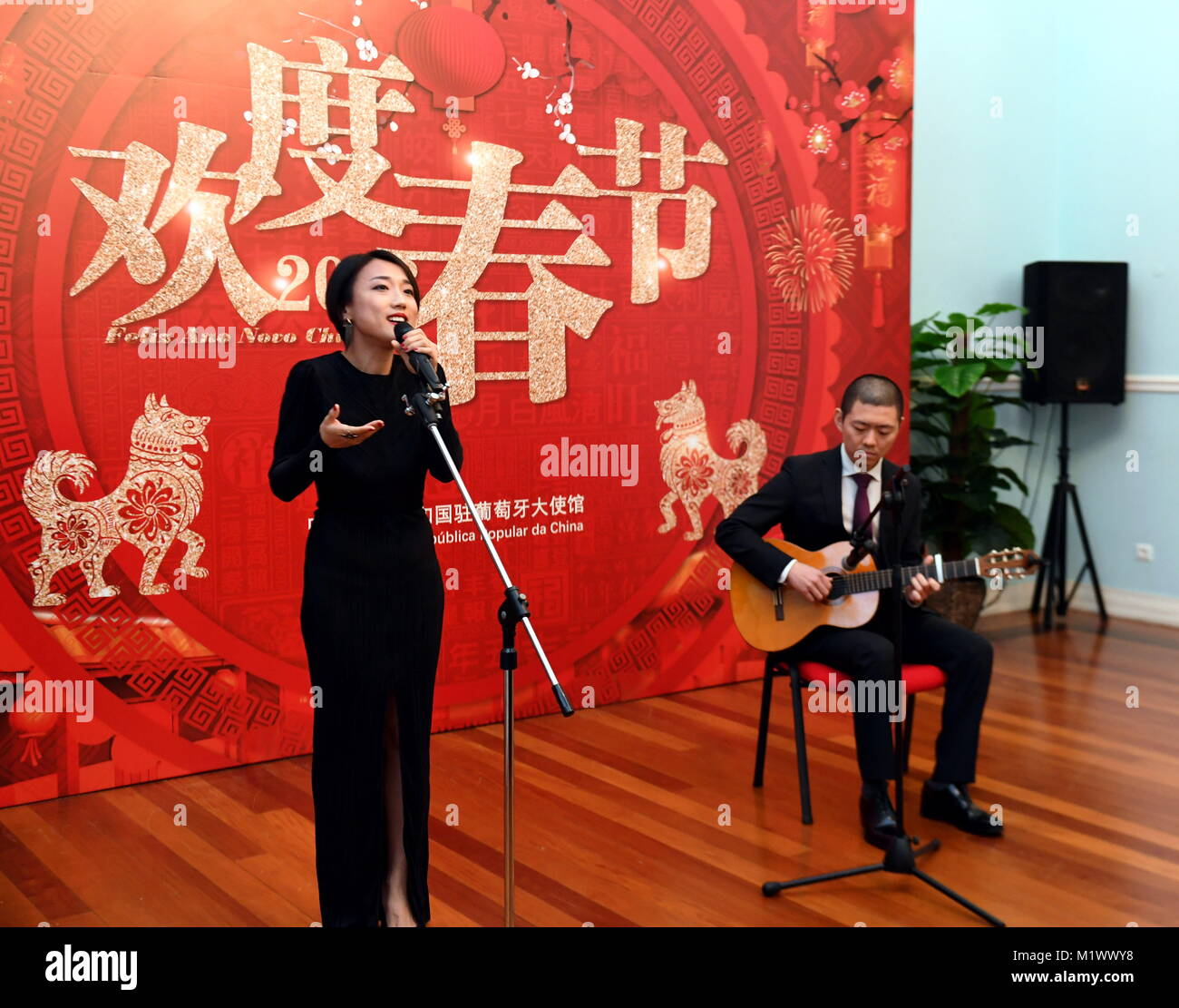 Lisbon, Portugal. 2nd Feb, 2018. People perform Portuguese Fado 'Lisbon - Beautiful Girl' during a Chinese New Year Gala at the Chinese Embassy in Lisbon, Portugal, Feb. 2, 2018. Credit: Zhang Liyun/Xinhua/Alamy Live News Stock Photo