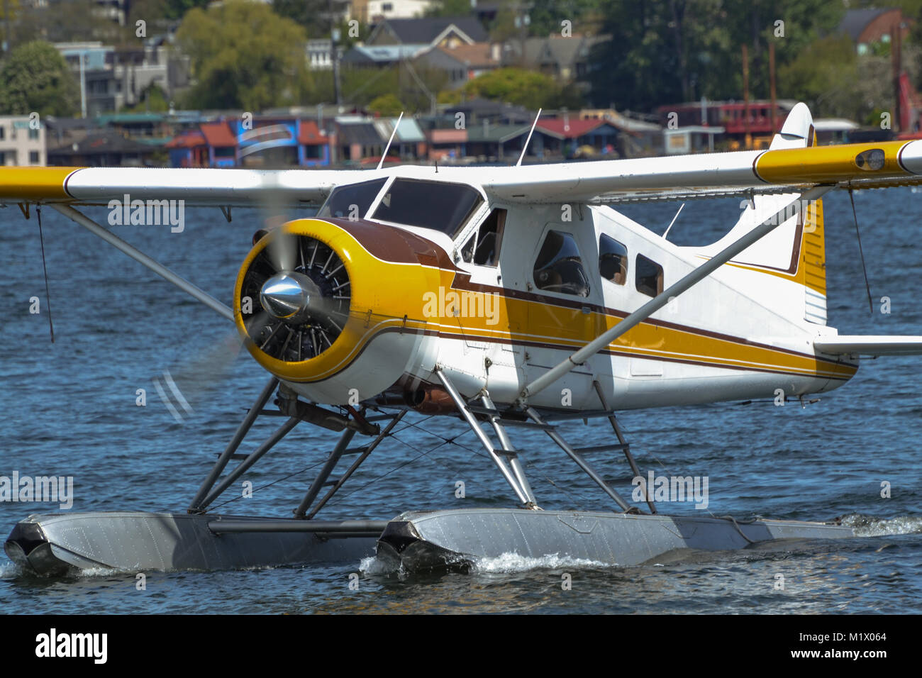Float plane taxing on the water Stock Photo Alamy