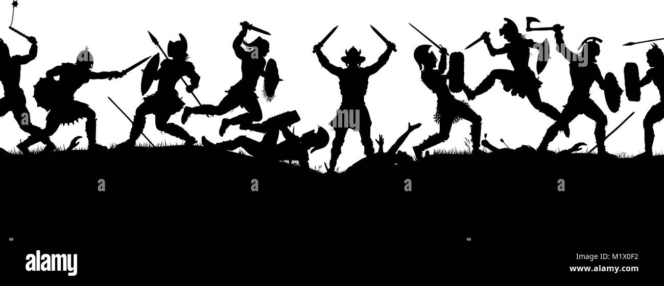 Vector silhouette illustration of a medieval battle scene with figures as separate objects Stock Vector