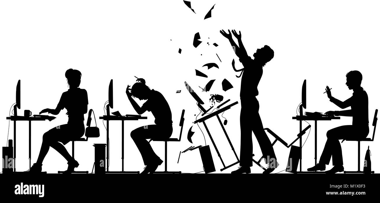 Editable vector silhouette illustration of a frustrated office worker throwing his desk over with all elements as separate objects Stock Vector