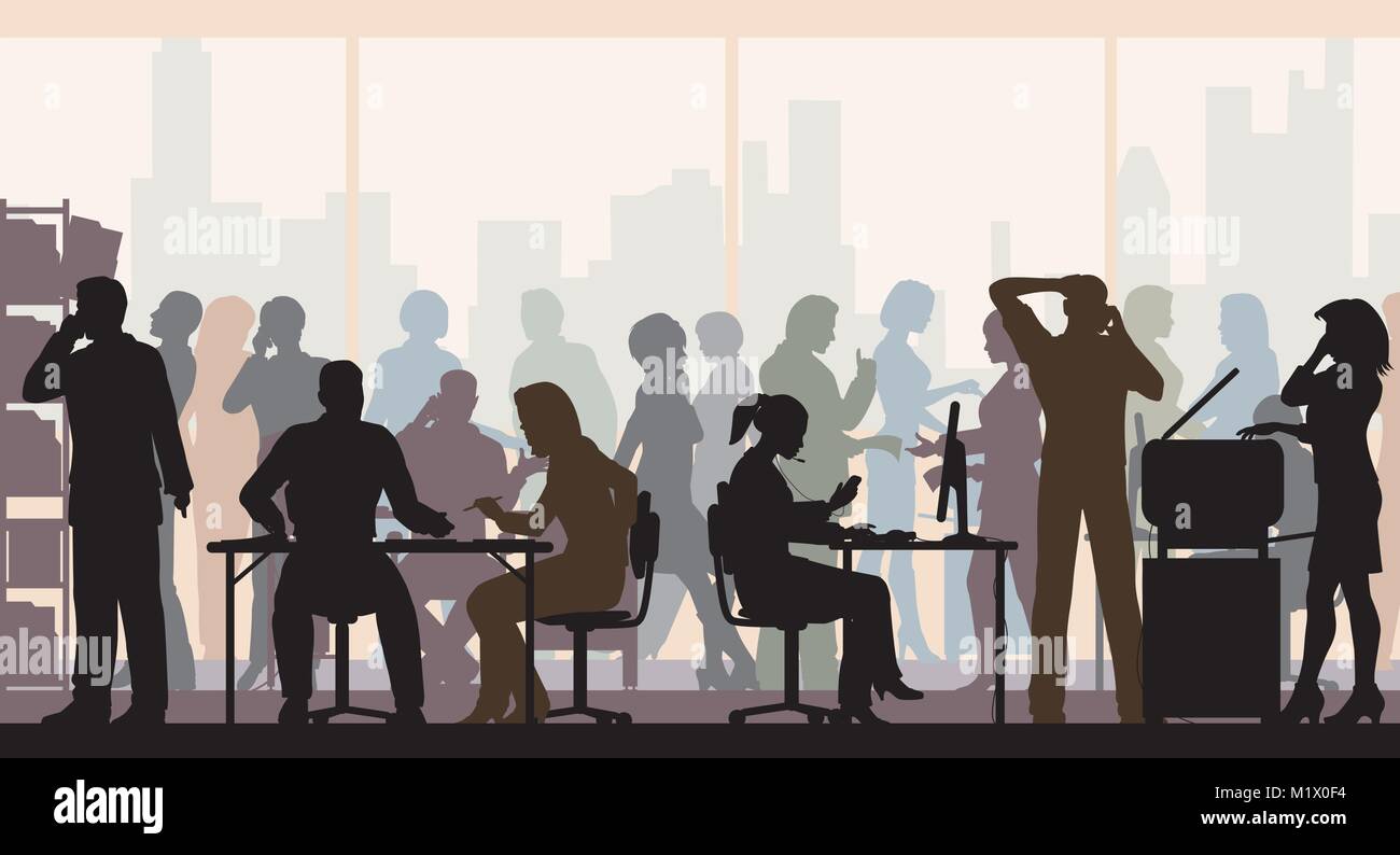 Editable vector silhouettes of people in a crowded busy office with all figures as separate objects Stock Vector