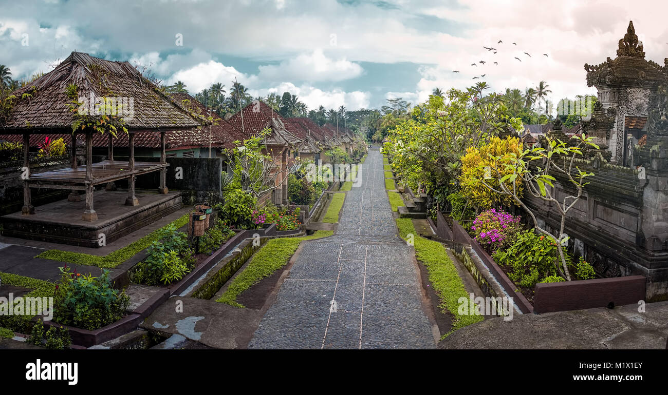 Penglipuran is a traditional balinese village at Bangli Regency with Bale Bengong for meeting (pavilion) and straight street Stock Photo