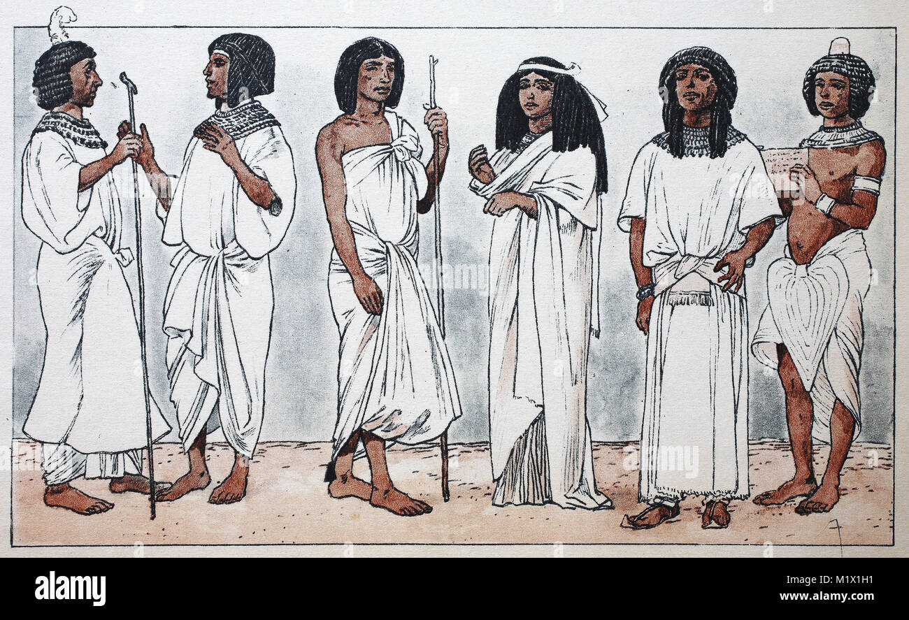 Clothing in ancient Egypt in the new kingdom around 1530 BC, from left, civilization of civil servants or private persons, one of the mourners, lady in coat, noble man with shirt, small apron, necklace and wig then a lower official or servant of the king, digital improved reproduction of an original print from the 19th century Stock Photo