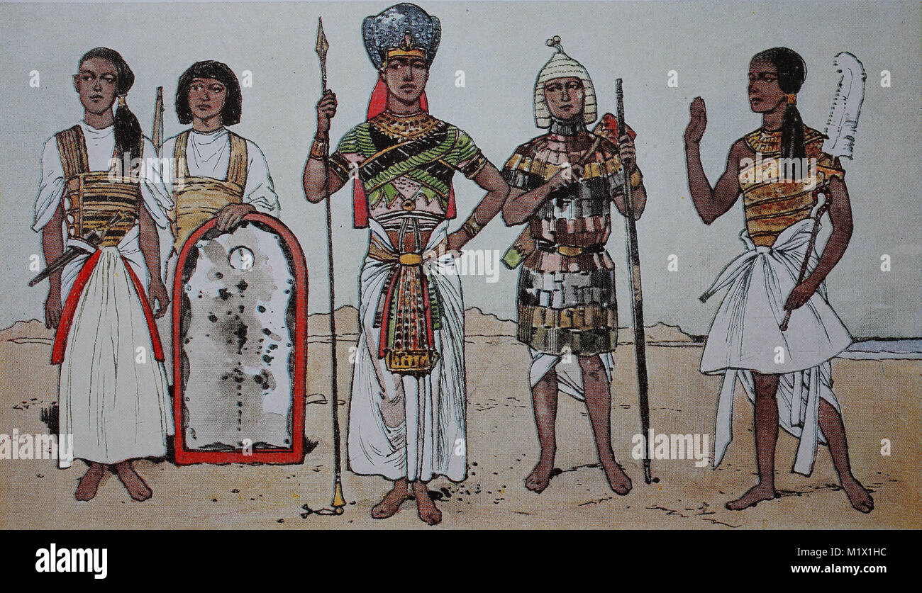Clothing in ancient Egypt, in the Ramesside period, 1350-1200 BC, left and right royal princes in warrior costume, 2. from the left is a companion to the prince, then a king with a characteristic royal decorated belt and a bow carrier of the king with close padded and with bronze plates Sewn protective clothing, digital improved reproduction of an original print from the 19th century Stock Photo