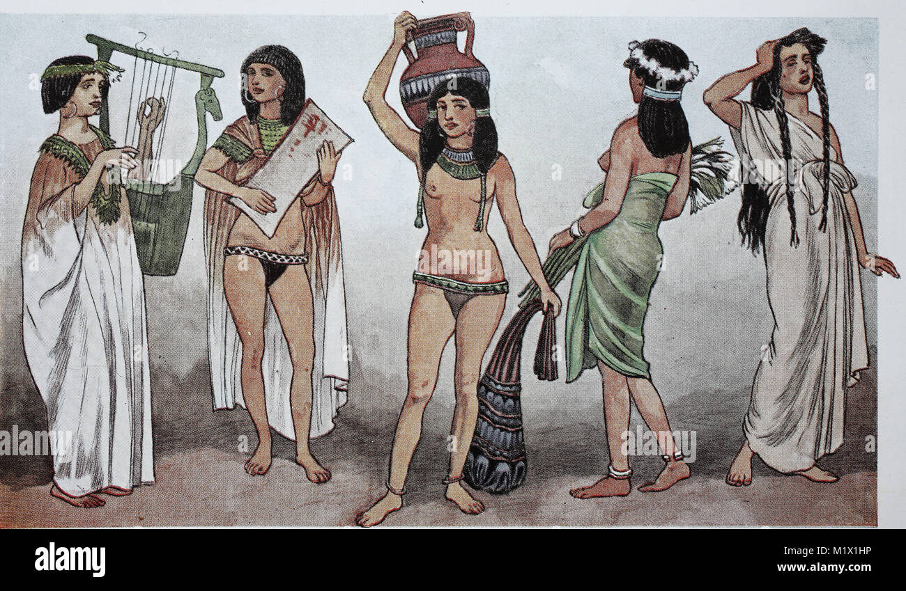 Clothing in ancient Egypt in the new kingdom around 1530 BC, from left, woman with harp in long shirt dress, woman with tambourine, slave with clay jug, leather sack, collar and pubic belt, slave with a light scarf and a mourning woman from a funeral procession, digital improved reproduction of an original print from the 19th century Stock Photo